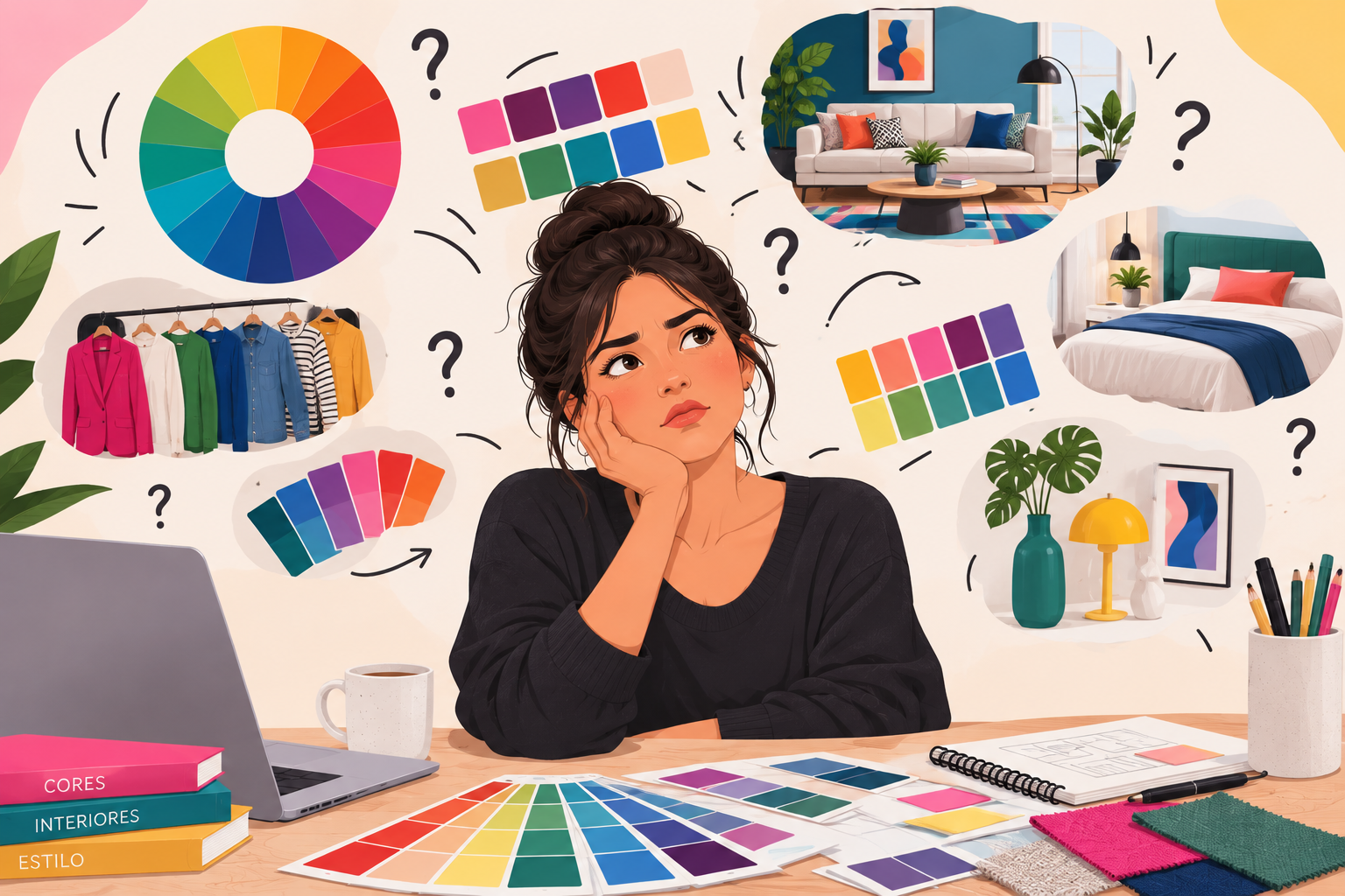 Confused girl thinking about color palettes